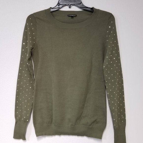 Express Sweaters - Womens EXPRESS Crew Neck Embellished Sleeve Fitted Sweater Olive Green Sz XS